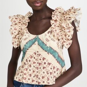 Ulla Johnson Cream and Green Milla Ruffled Top